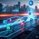 Course de figures stylisées 'AI' sur circuit numérique futuriste avec données et graphiques, symbolisant l'évolution rapide de l'intelligence artificielle et la compétition technologique."