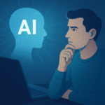 Illustration d’un homme pensif devant une intelligence artificielle, réflexion sur les dérives de l’IA et la perte de l’esprit critique à Tahiti et en Polynésie française.